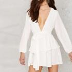 Deep V Long-sleeve Tiered Chiffon Dress With Sash