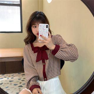 Square-neck Ribbon Plaid Blouse