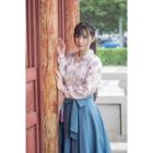 Set : Printed Long-sleeve Top + Bow Pleated Skirt