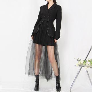 Set: Double-breasted Blazer Dress + Midi A-line Mesh Skirt