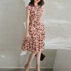 Cap-sleeve Cherry Print Midi A-line Dress