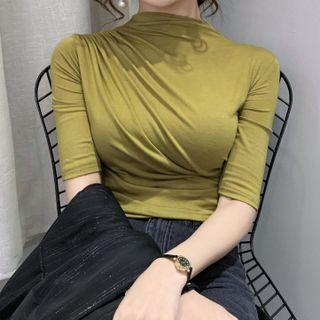 Mock-neck Elbow-sleeve Plain Asymmetric Top