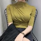 Mock-neck Elbow-sleeve Plain Asymmetric Top