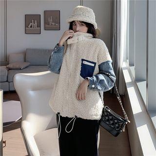 Denim Panel Fleece Zip Jacket Almond - One Size