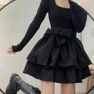 Long-sleeve Bow Accent Knit Mini A-line Dress