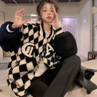 Lettering Diamond Pattern Fluffy Baseball Jacket Diamond Pattern - Black & White - One Size