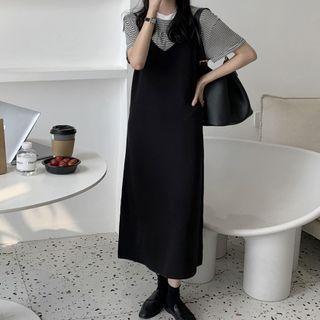 Set: Short-sleeve Striped T-shirt + Midi Overall Dress