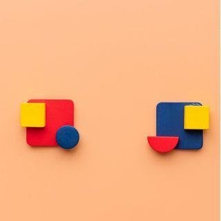 Geometric Ear Stud 1 Pair - 925 Silver - Yellow & Red & Blue - One Size