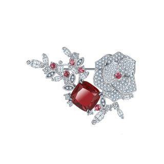 Elegant Fashion Flower Red Cubic Zirconia Brooch Silver - One Size