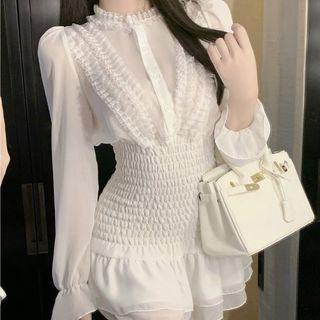 Long-sleeve Chiffon A-line Dress White - One Size