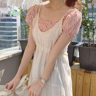 Short-sleeve Floral Print Top / Midi Overall Dress
