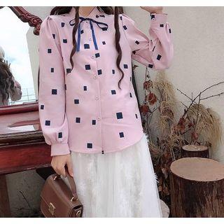 Square Patterned Tie-neck Shirt