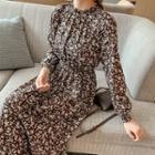 Long-sleeve Floral Print Midi A-line Dress Coffee - One Size