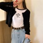 Short-sleeve Angel Print Ringer T-shirt / Cropped Cardigan