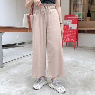 Elasticized-waist Linen Wide-leg Pants