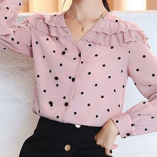 Dotted Lace Trim Collared Blouse
