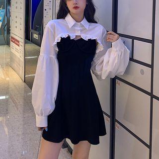 Spaghetti-strap Plain Mini A-line Dress / Frill Trim Crop Shirt