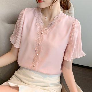 Short-sleeve Pleated Chiffon Top