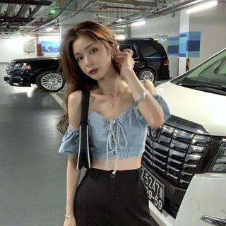 Off-shoulder Denim Cropped Top Denim Blue - One Size