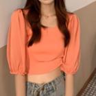 Puff-sleeve Square-neck Plain Knit Crop Top