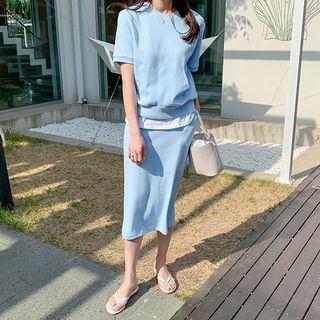 Set: Round-neck Kangaroo-pocket Top + Band-waist Midi Skirt