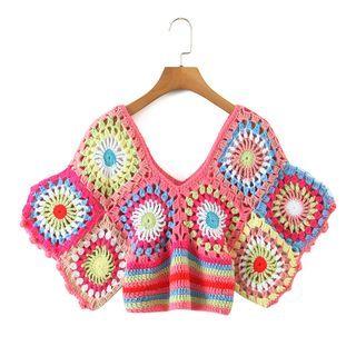 Short-sleeve Color-block Knit Crop Top Pink - One Size
