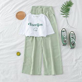 Set: Letter Print T-shirt + Plain Straight-leg Pants