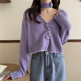 Choker-neck Embroidered Trim Cardigan