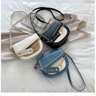 Color Panel Faux Leather Saddle Crossbody Bag