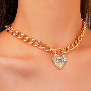 Rhinestone Heart Choker Necklace 01 - 1pc - Gold - One Size