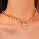 Rhinestone Heart Choker Necklace 01 - 1pc - Gold - One Size