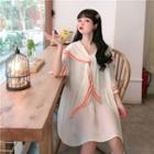 3/4-sleeve Sailor Collar Striped Trim Dress White - One Size