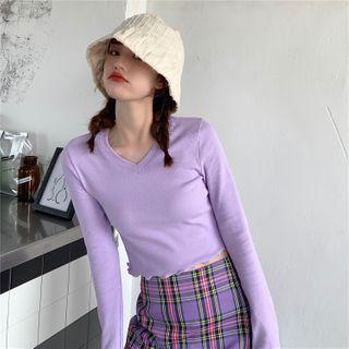 Long-sleeve Frill Trim Plain Cropped Top