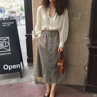 Long-sleeve Buttoned Blouse / Checked A-line Midi Skirt