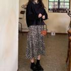 Leopard Long-sleeve Midi Dress / Plain Pullover