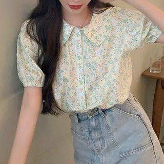 Puff-sleeve Wide-collar Floral Print Blouse