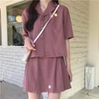 Flower Print Short-sleeve Blouse / High Waist Pleated Skirt