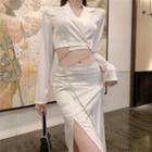 Long-sleeve Chained Crop Top / Slit Midi Pencil Skirt / Set