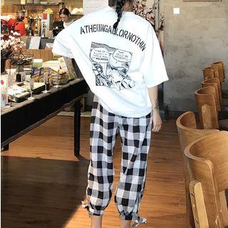 Printed Elbow-sleeve T-shirt / Cropped Plaid Pants