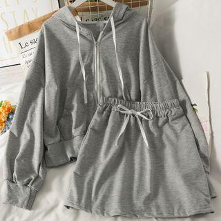 Set: Loose-fit Hooded Jacket + Drawcord Mini Skirt