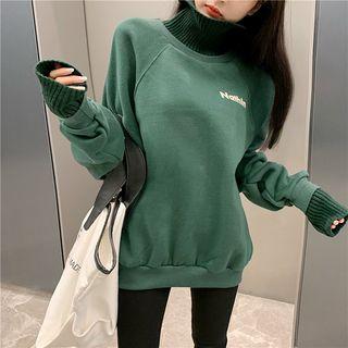 Turtleneck Mock Two Piece Lettering Oversized Top