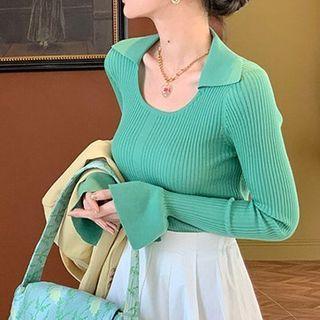 Bell-sleeve Collared Ribbed Knit Top