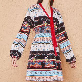 Long-sleeve Print Mini A-line Velvet Dress