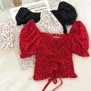 Floral Ruffle Trim Drawstring Puff-sleeve Top