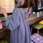 Long-sleeve Lace Trim Midi Shift Dress Blue - One Size