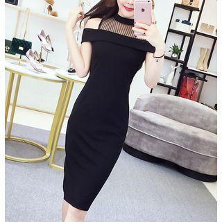 Mesh Panel Cold-shoulder Midi Bodycon Dress