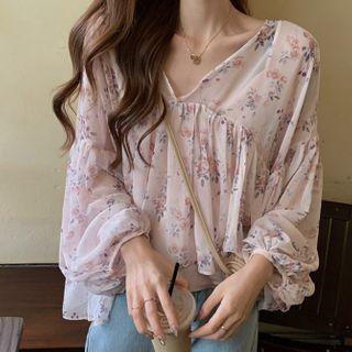 V-neck Floral Print Chiffon Blouse As Shown In Figure - One Size