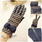 Bow-accent Houndstooth Gloves Houndstooth - Dark Blue - One Size