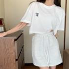 Elbow-sleeve Lettering Print T-shirt / Mini A-line Skirt