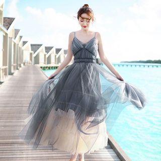 Sheer Panel Strappy Maxi A-line Dress